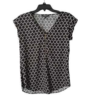 Express Black and White Quatrefoil V-Neck Zip-Up Gramercy Blouse